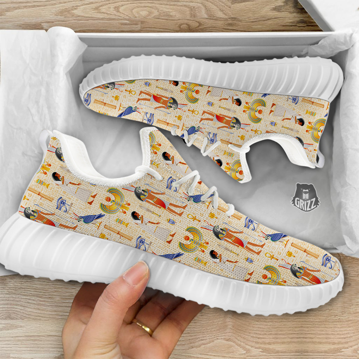Egyptian Print Pattern White Walking Shoes-grizzshop