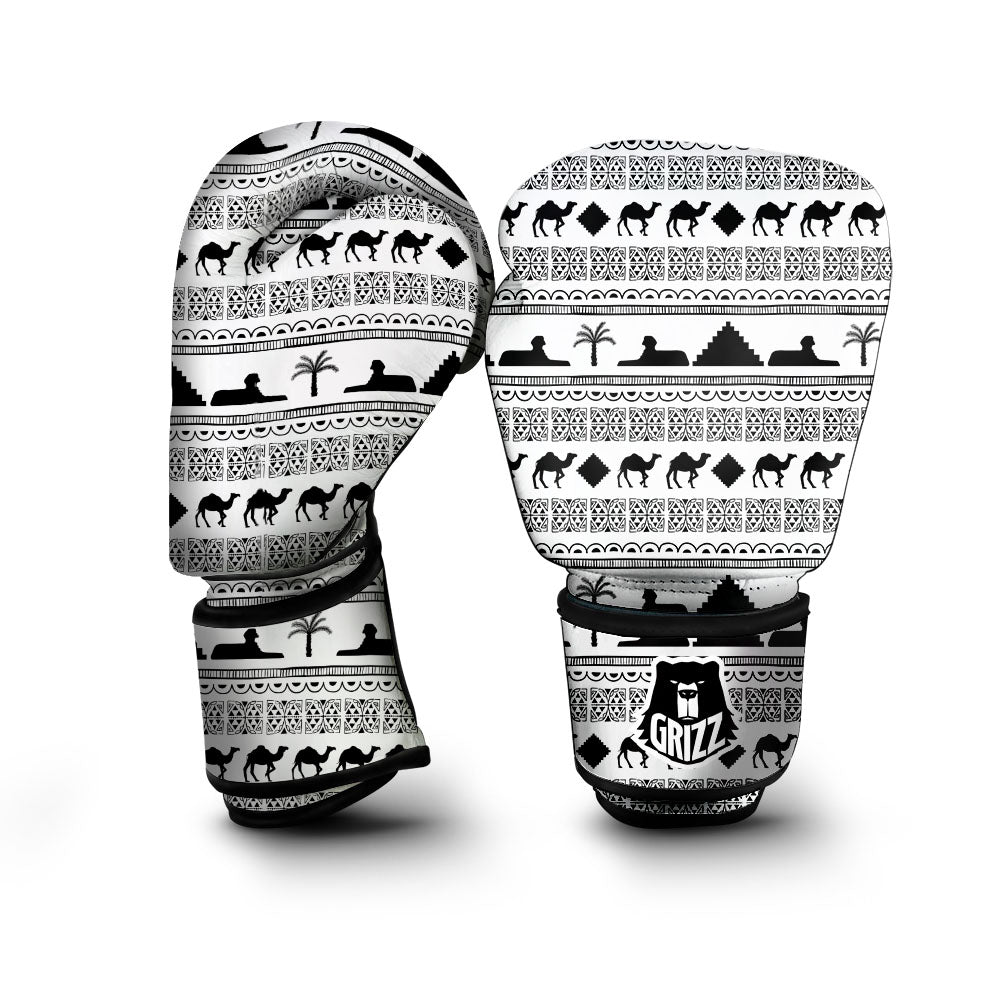 Egyptian White And Black Print Pattern Boxing Gloves-grizzshop