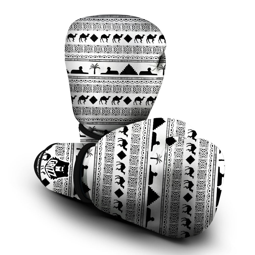 Egyptian White And Black Print Pattern Boxing Gloves-grizzshop