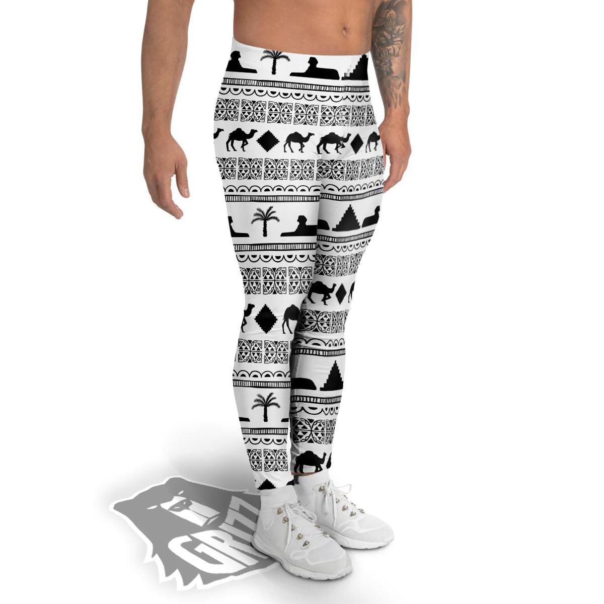 Egyptian White And Black Print Pattern Men's Leggings-grizzshop