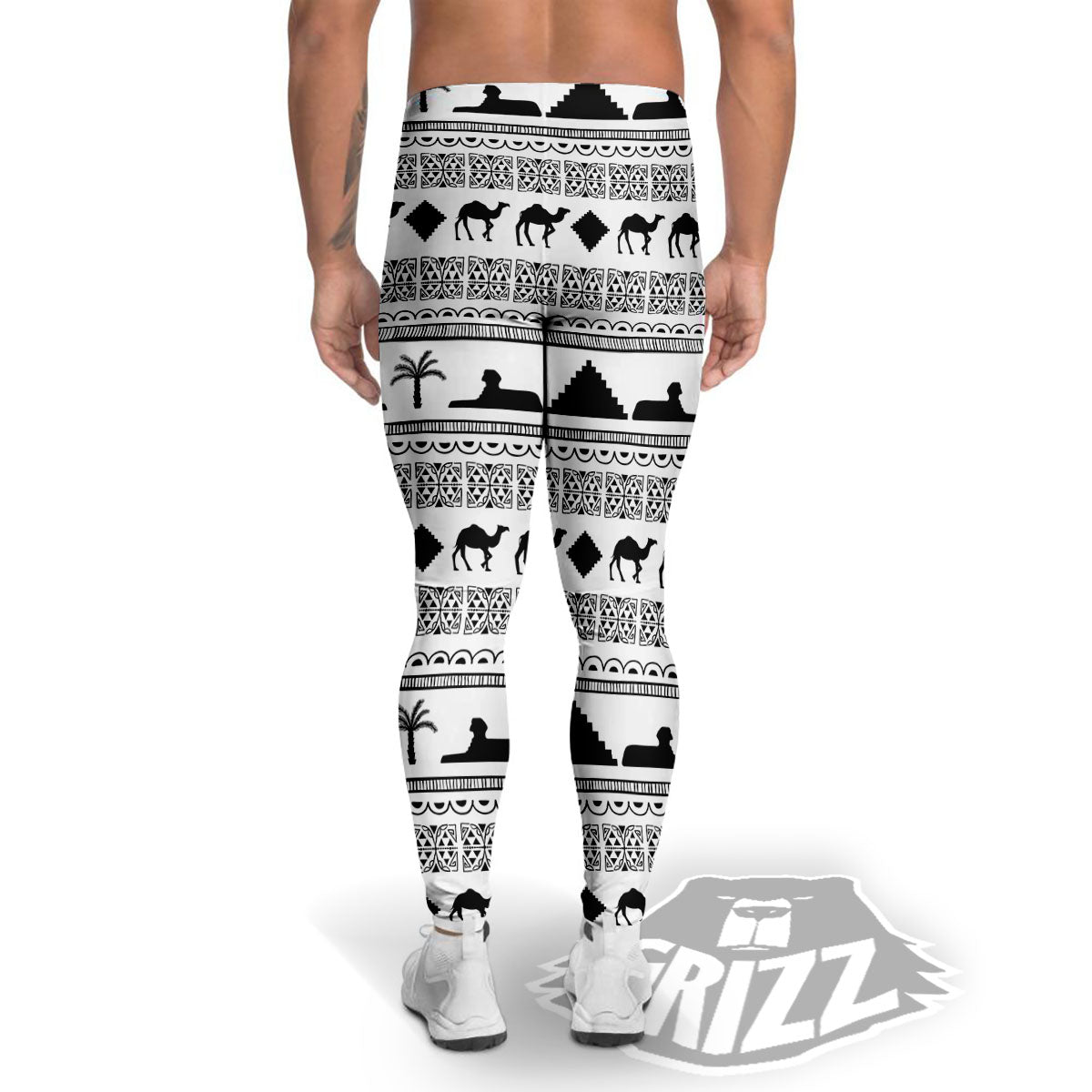 Egyptian White And Black Print Pattern Men's Leggings-grizzshop