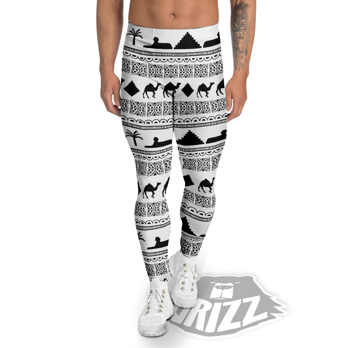Egyptian White And Black Print Pattern Men's Leggings-grizzshop