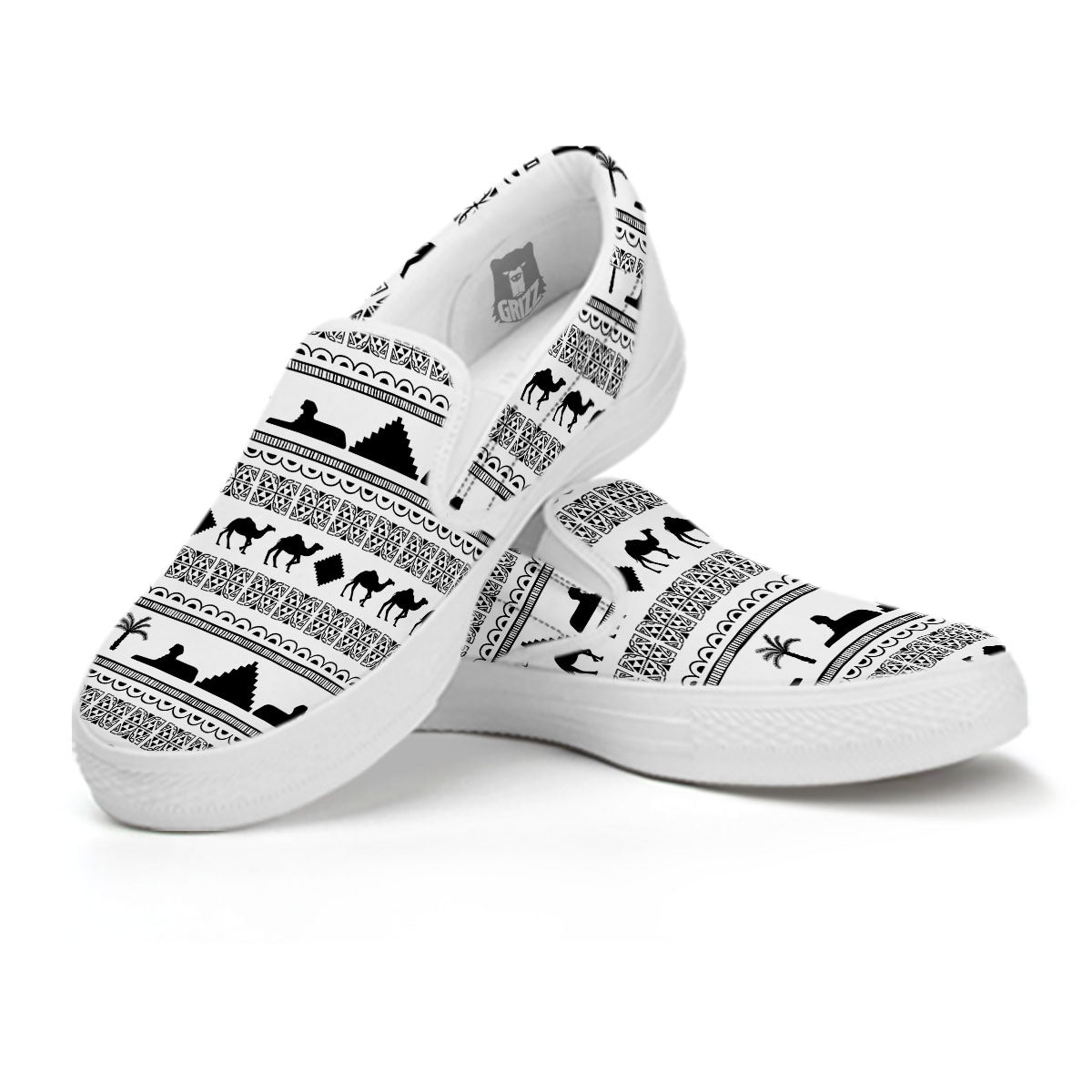 Egyptian White And Black Print Pattern White Slip On Shoes-grizzshop