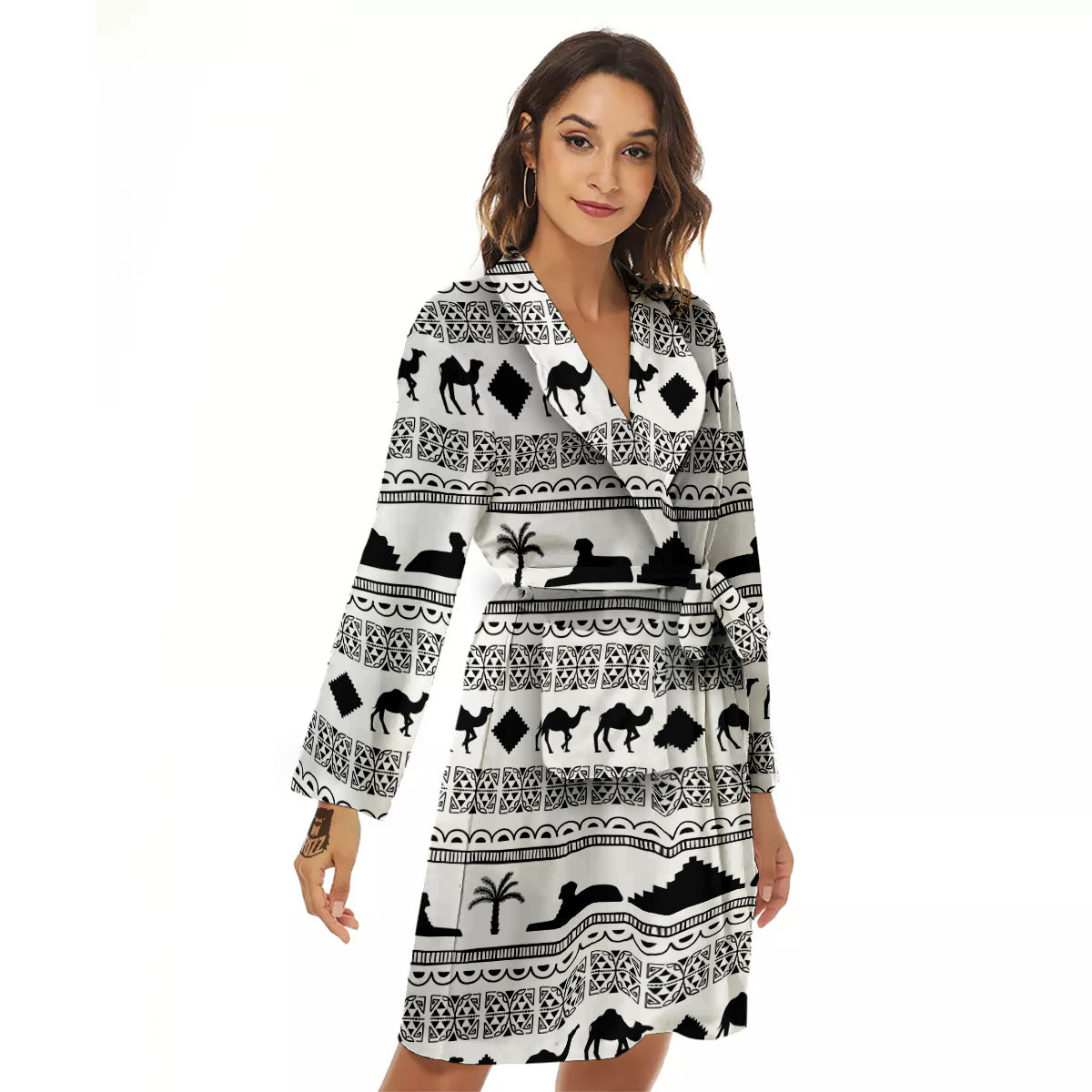 Egyptian White And Black Print Pattern Women's Robe-grizzshop
