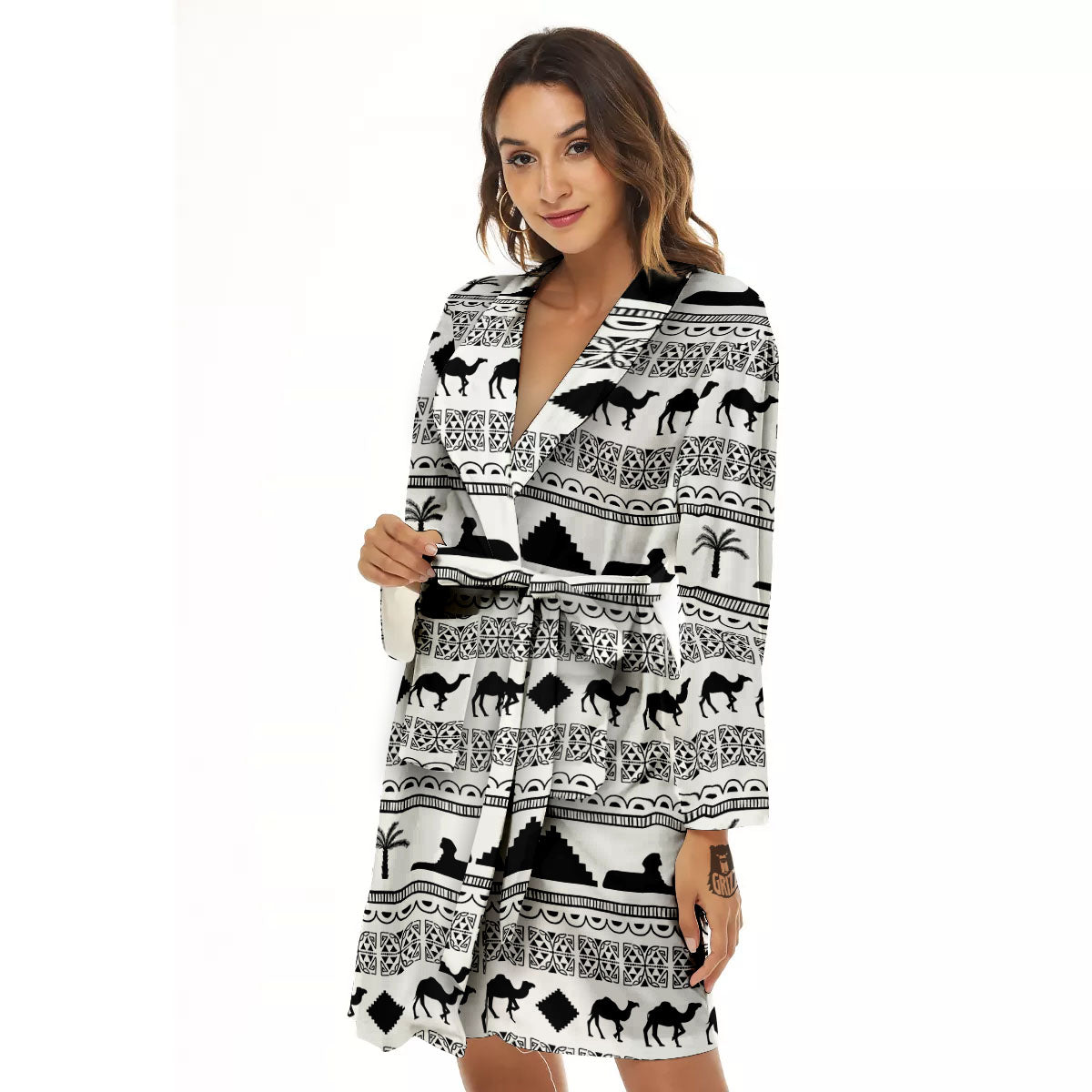 Egyptian White And Black Print Pattern Women's Robe-grizzshop