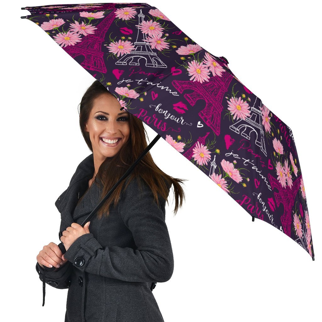 Eiffel Tower Floral Pattern Print Automatic Foldable Umbrella-grizzshop