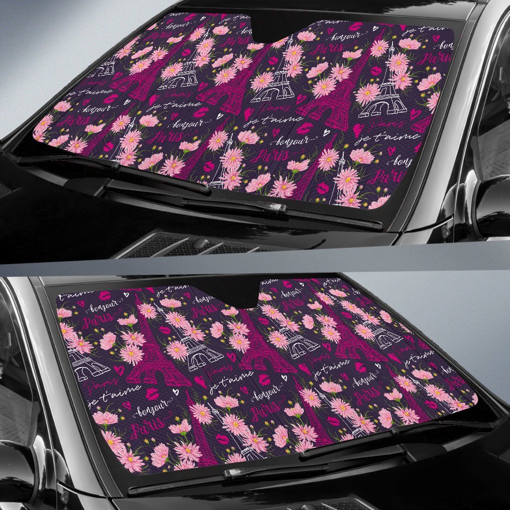 Eiffel Tower Floral Pattern Print Car Sun Shade-grizzshop
