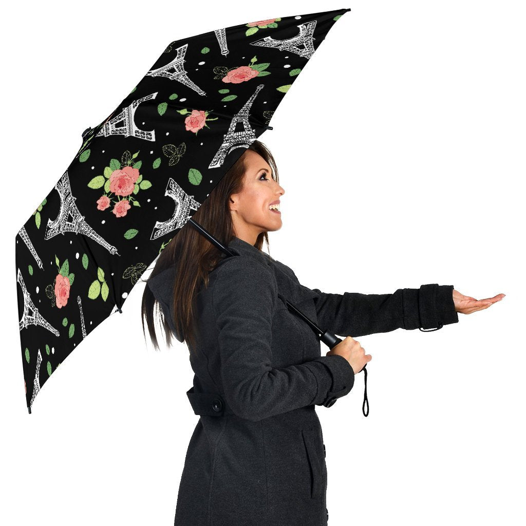 Eiffel Tower Floral Print Pattern Automatic Foldable Umbrella-grizzshop