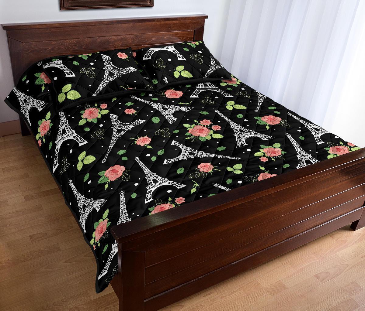 Eiffel Tower Floral Print Pattern Bed Set Quilt-grizzshop