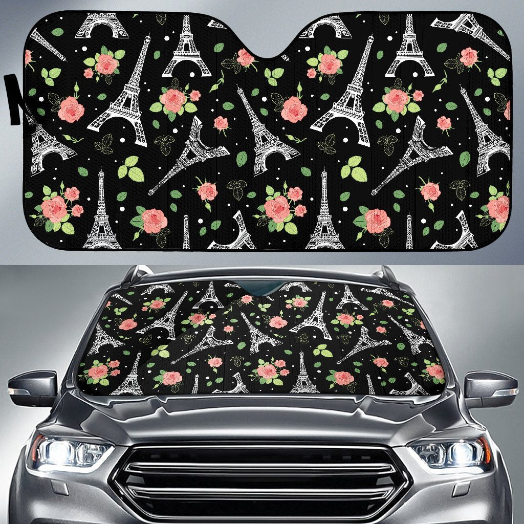 Eiffel Tower Floral Print Pattern Car Sun Shade-grizzshop