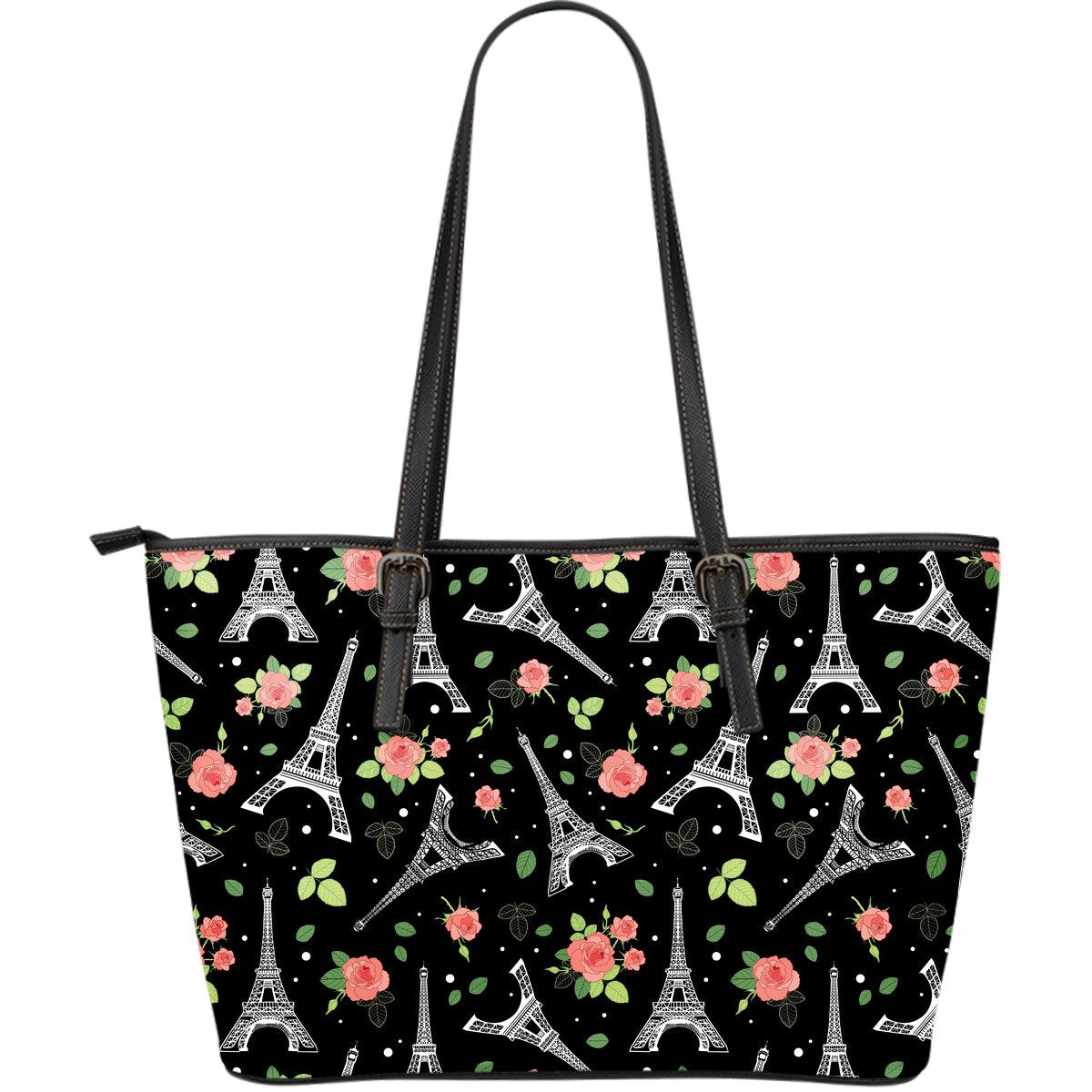 Eiffel Tower Floral Print Pattern Leather Tote Bag-grizzshop