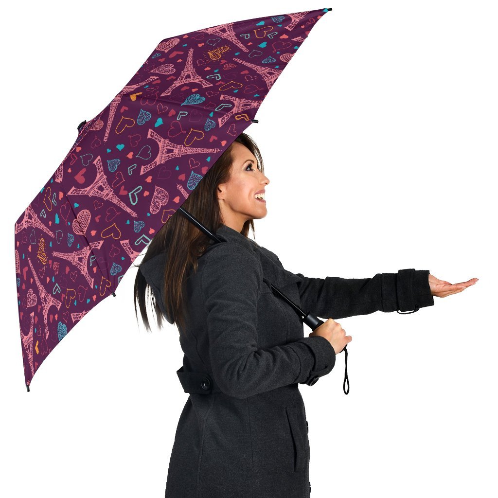 Eiffel Tower Heart Pattern Print Automatic Foldable Umbrella-grizzshop