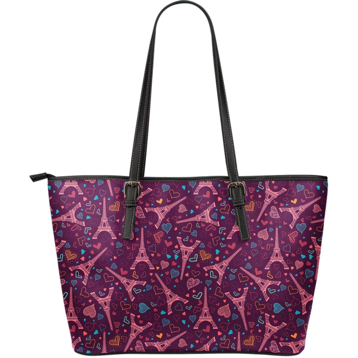 Eiffel Tower Heart Pattern Print Leather Tote Bag-grizzshop