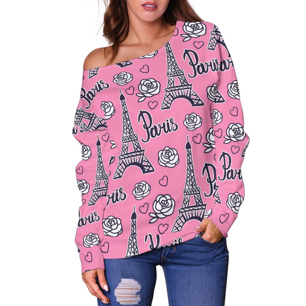Eiffel Tower Print Pattern Women Off Shoulder Sweatshirt-grizzshop