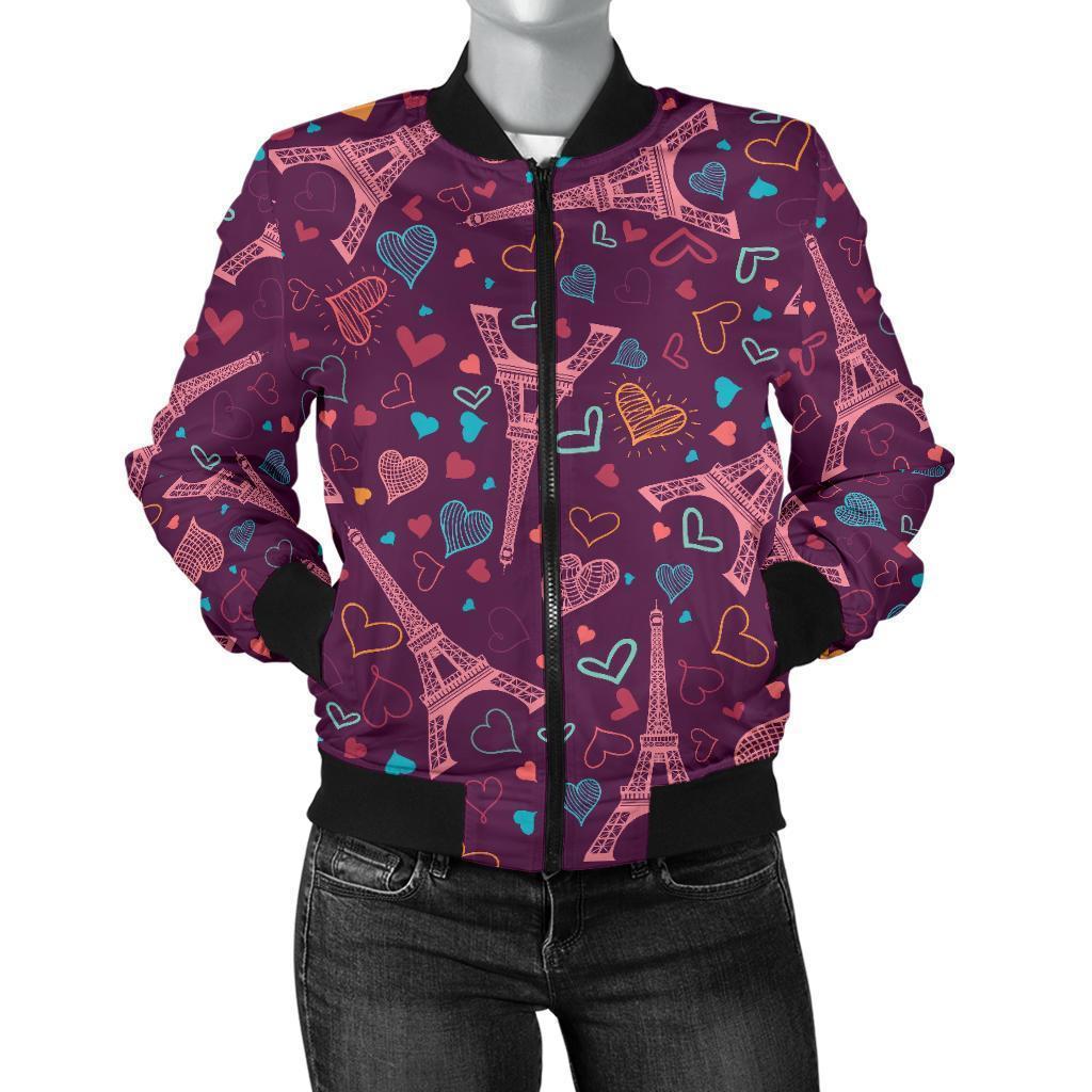 Eiffel Tower Heart Pattern Print Women Casual Bomber Jacket-grizzshop