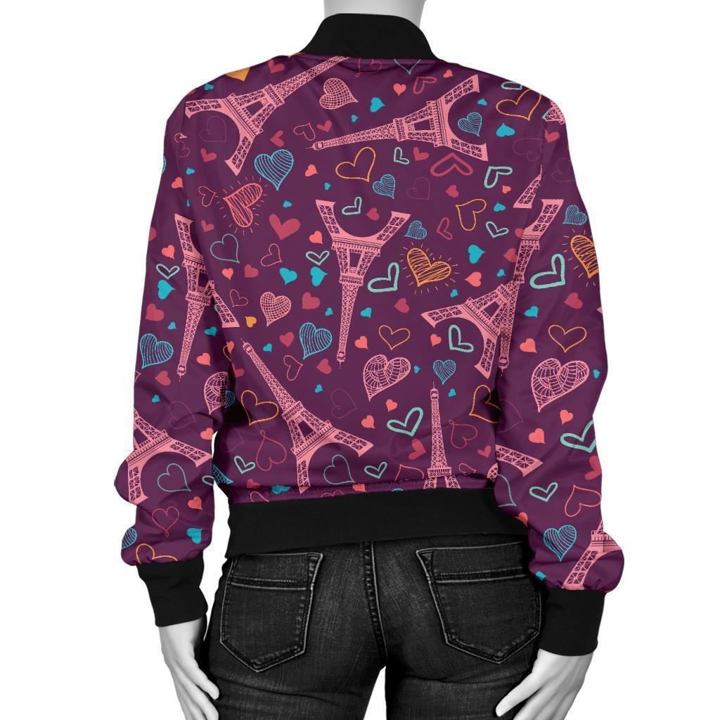 Eiffel Tower Heart Pattern Print Women Casual Bomber Jacket-grizzshop