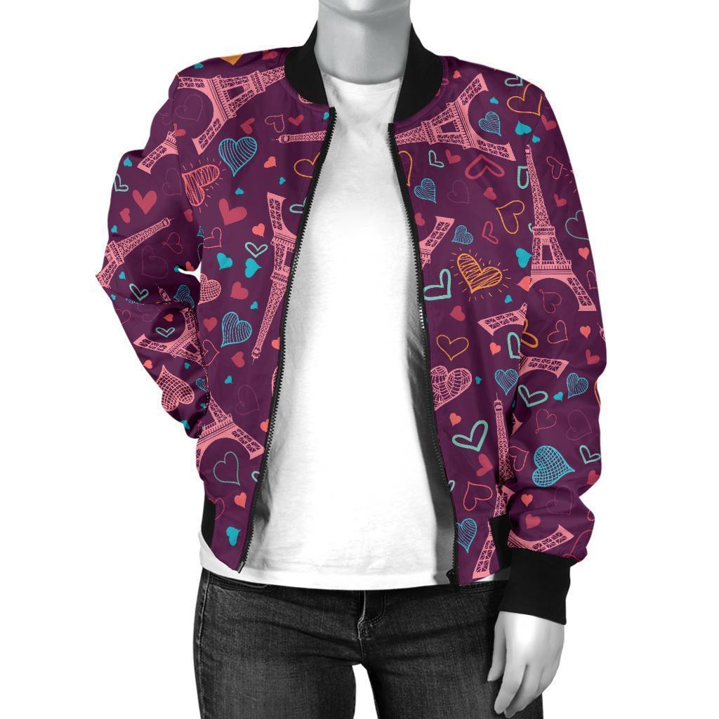 Eiffel Tower Heart Pattern Print Women Casual Bomber Jacket-grizzshop