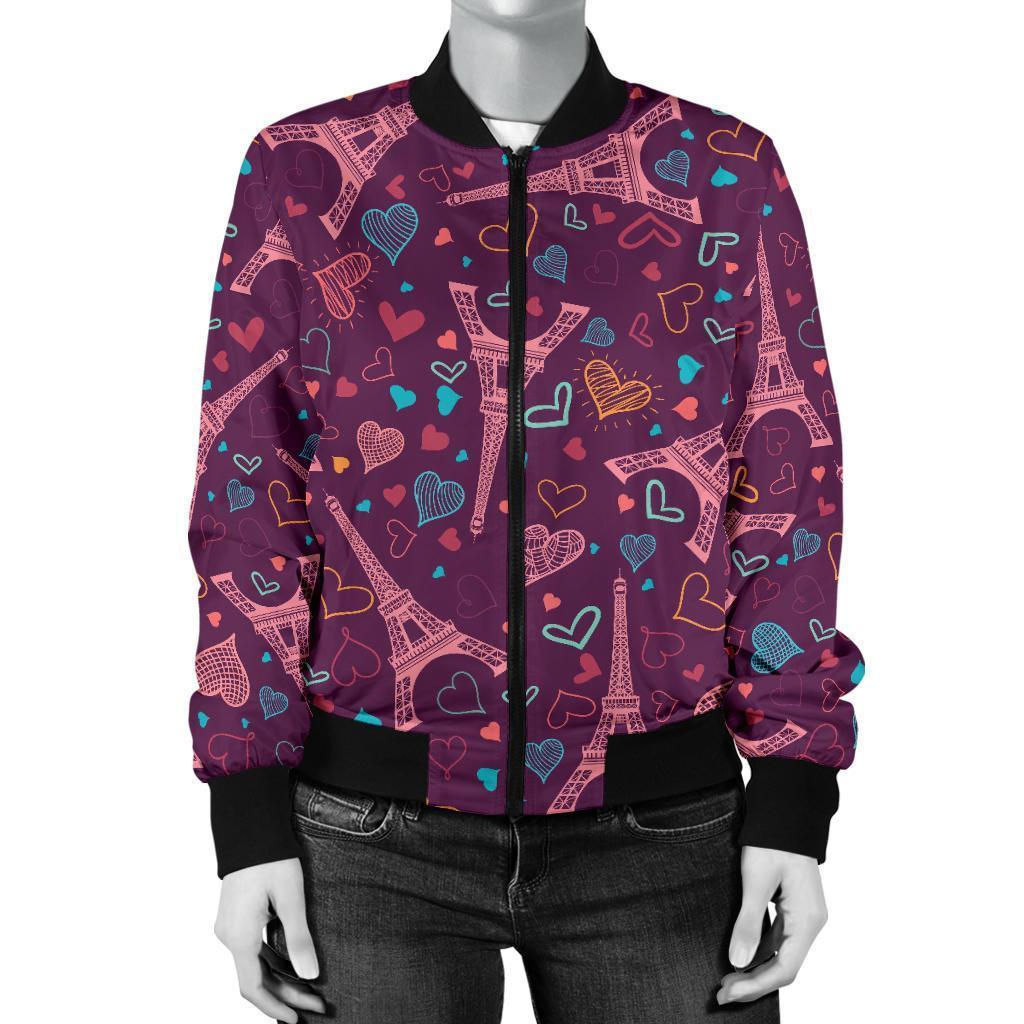 Eiffel Tower Heart Pattern Print Women Casual Bomber Jacket-grizzshop