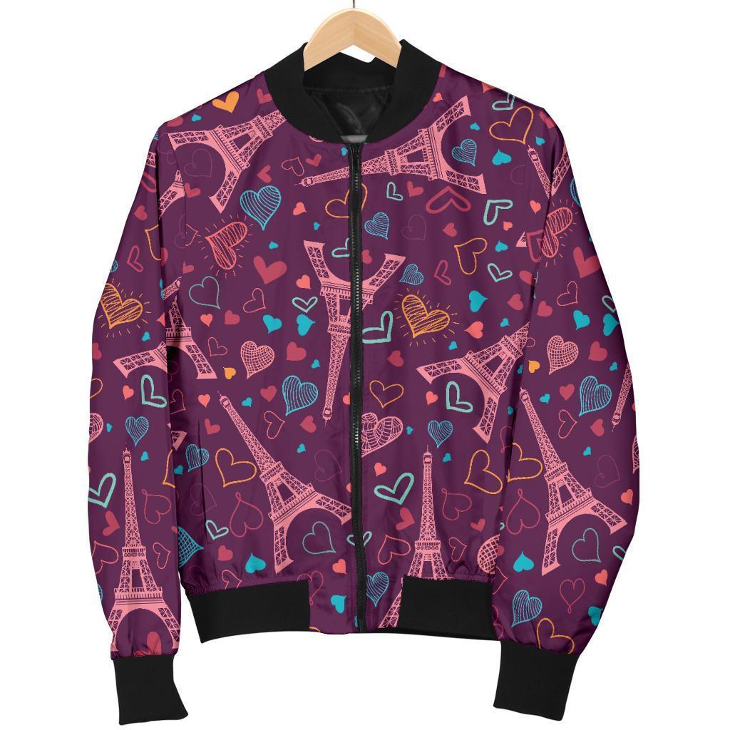Eiffel Tower Heart Pattern Print Women Casual Bomber Jacket-grizzshop