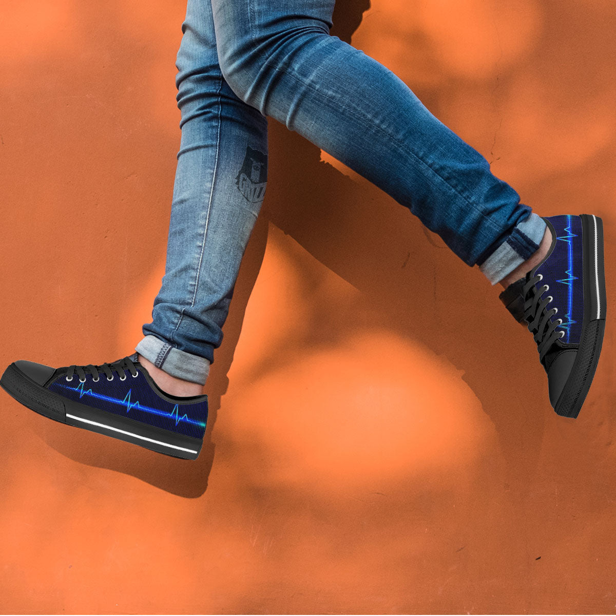 Electrocardiogram Heartbeat Print Black Low Top Shoes-grizzshop