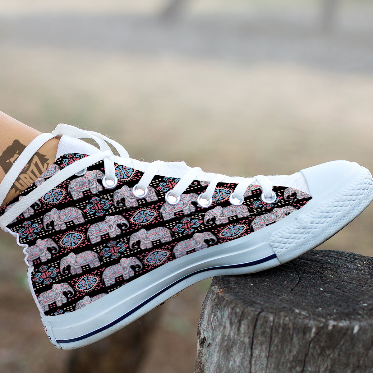 Elephant African Tribal Print Pattern White High Top Shoes-grizzshop