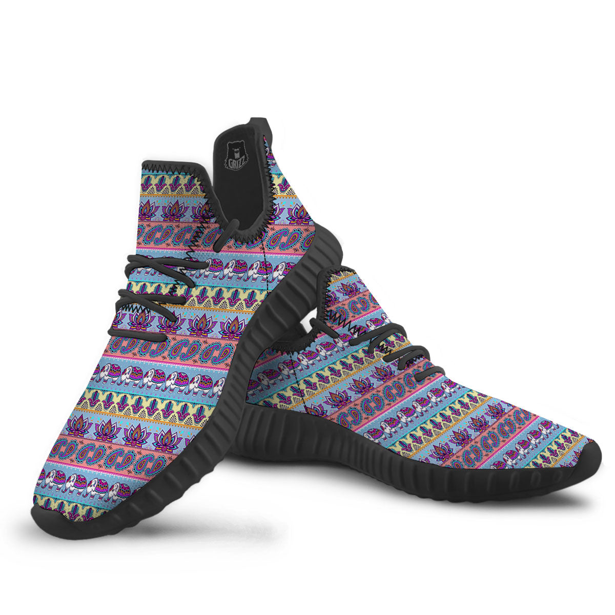 Elephant Indian Colorful Print Pattern Black Walking Shoes-grizzshop