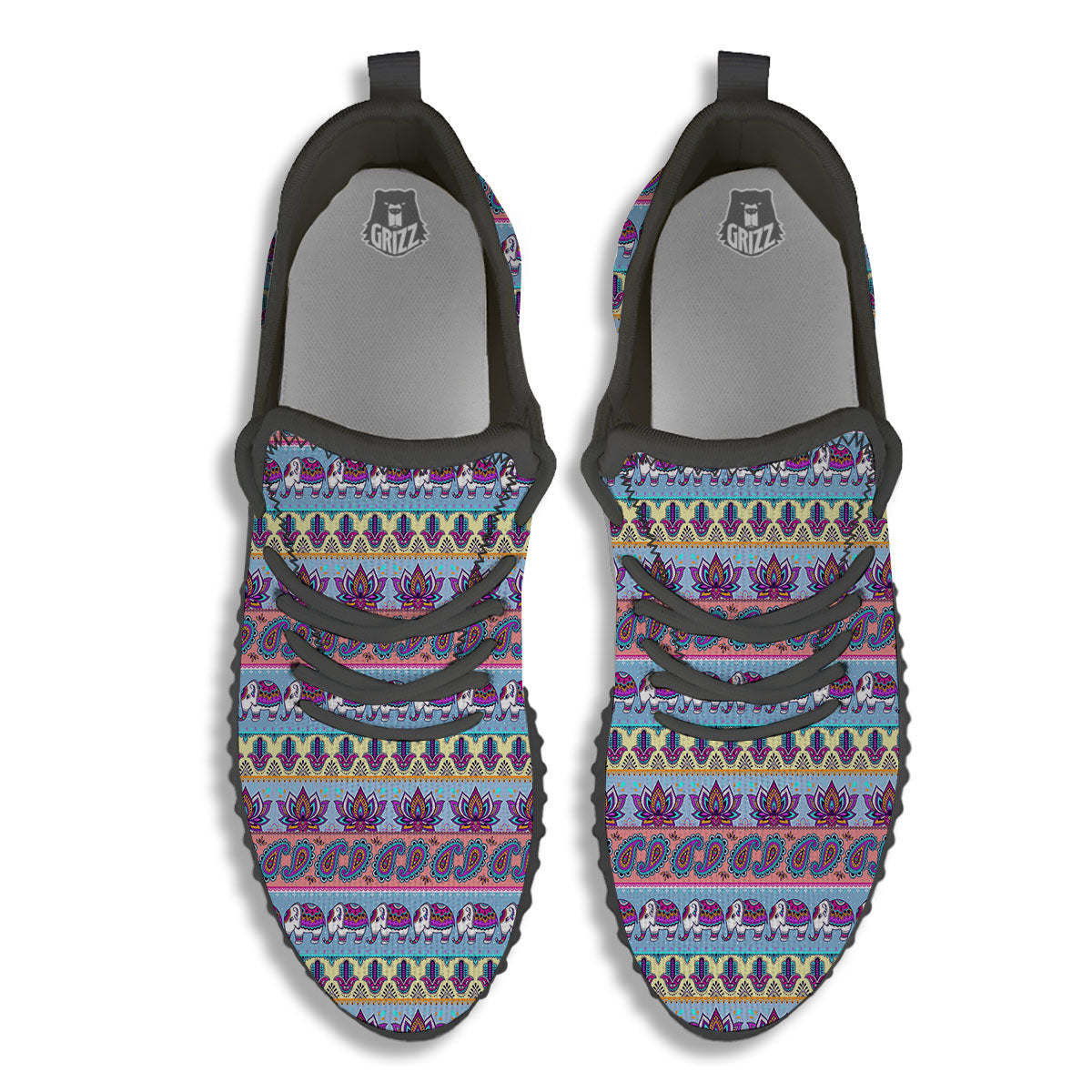 Elephant Indian Colorful Print Pattern Black Walking Shoes-grizzshop