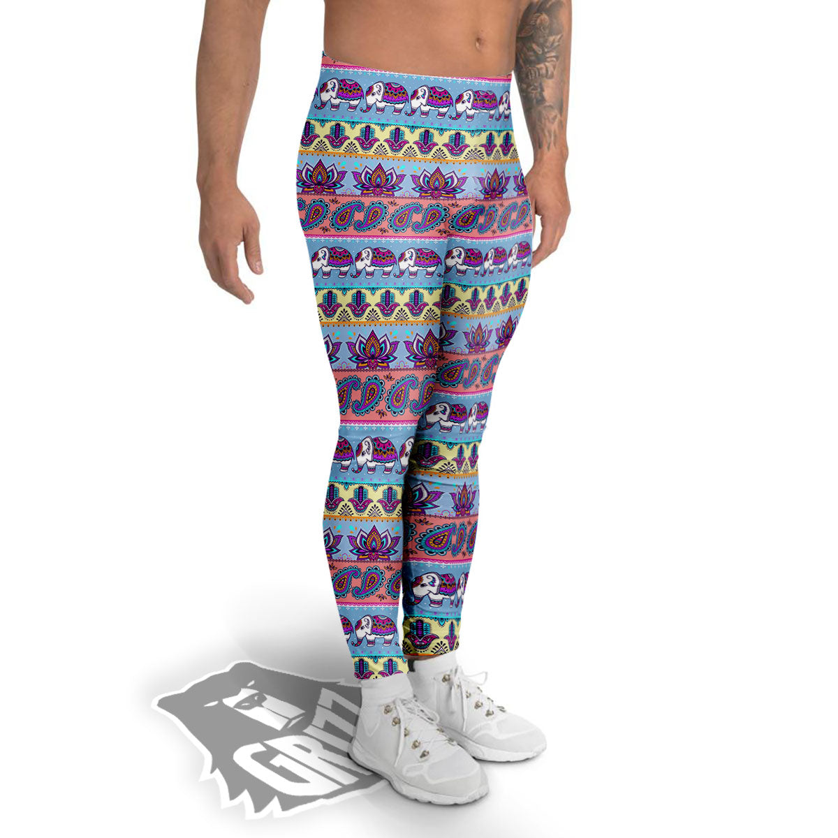 Elephant Indian Colorful Print Pattern Men's Leggings-grizzshop