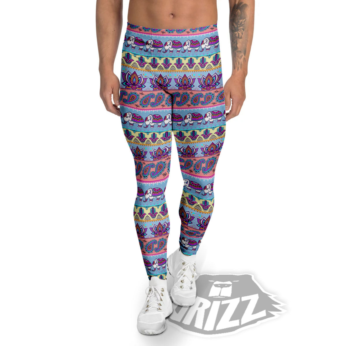 Elephant Indian Colorful Print Pattern Men's Leggings-grizzshop