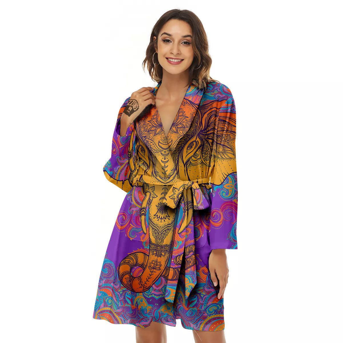 Elephant Spiritual Colorful Print Women's Robe-grizzshop