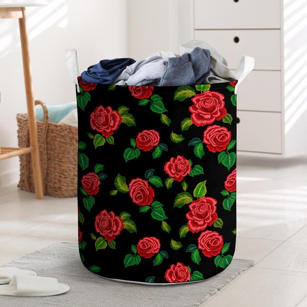 Embroidery Red Rose Floral Print Laundry Basket-grizzshop