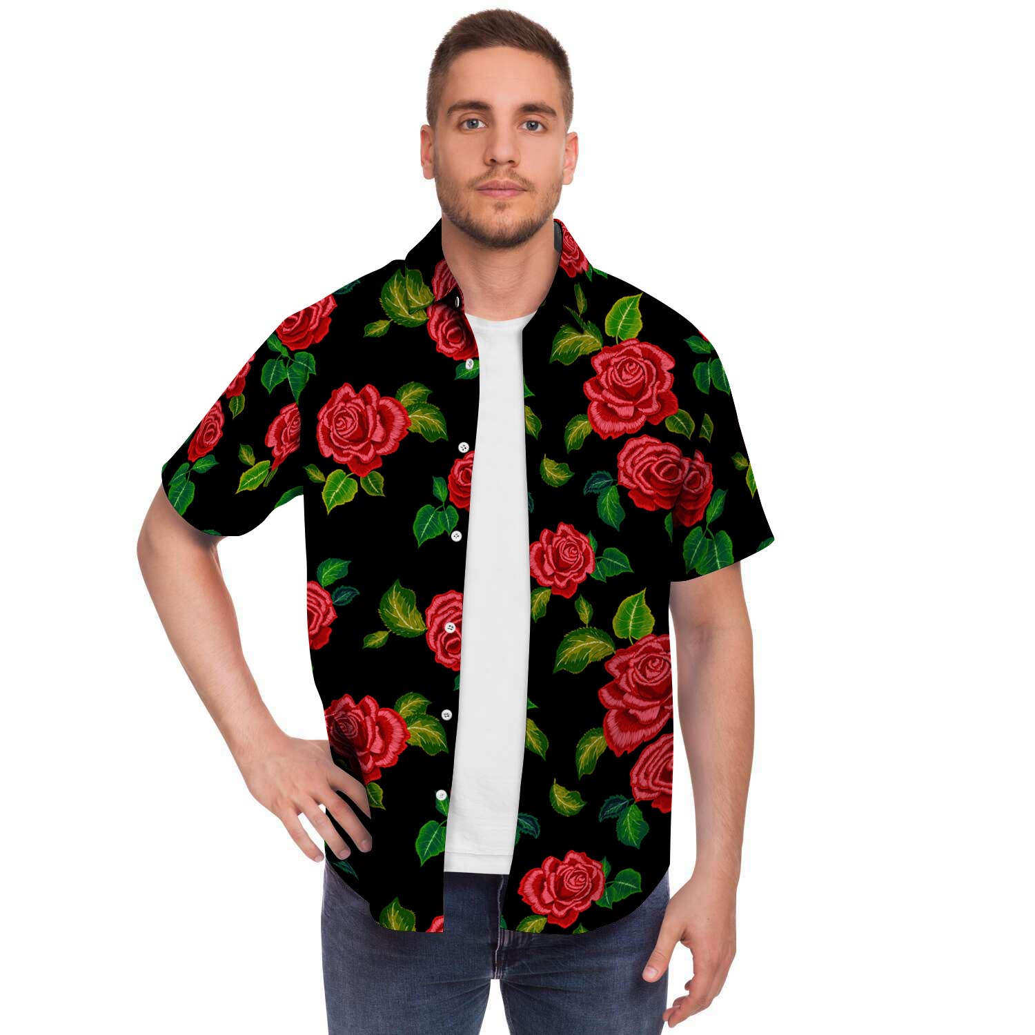 Embroidery Red Rose Floral Print Men's Short Sleeve Shirt-grizzshop