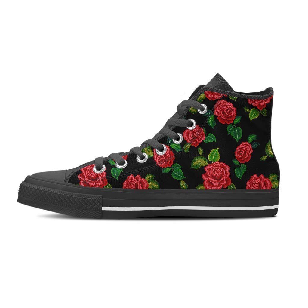 Embroidery Red Rose Floral Print Women's High Top Shoes-grizzshop