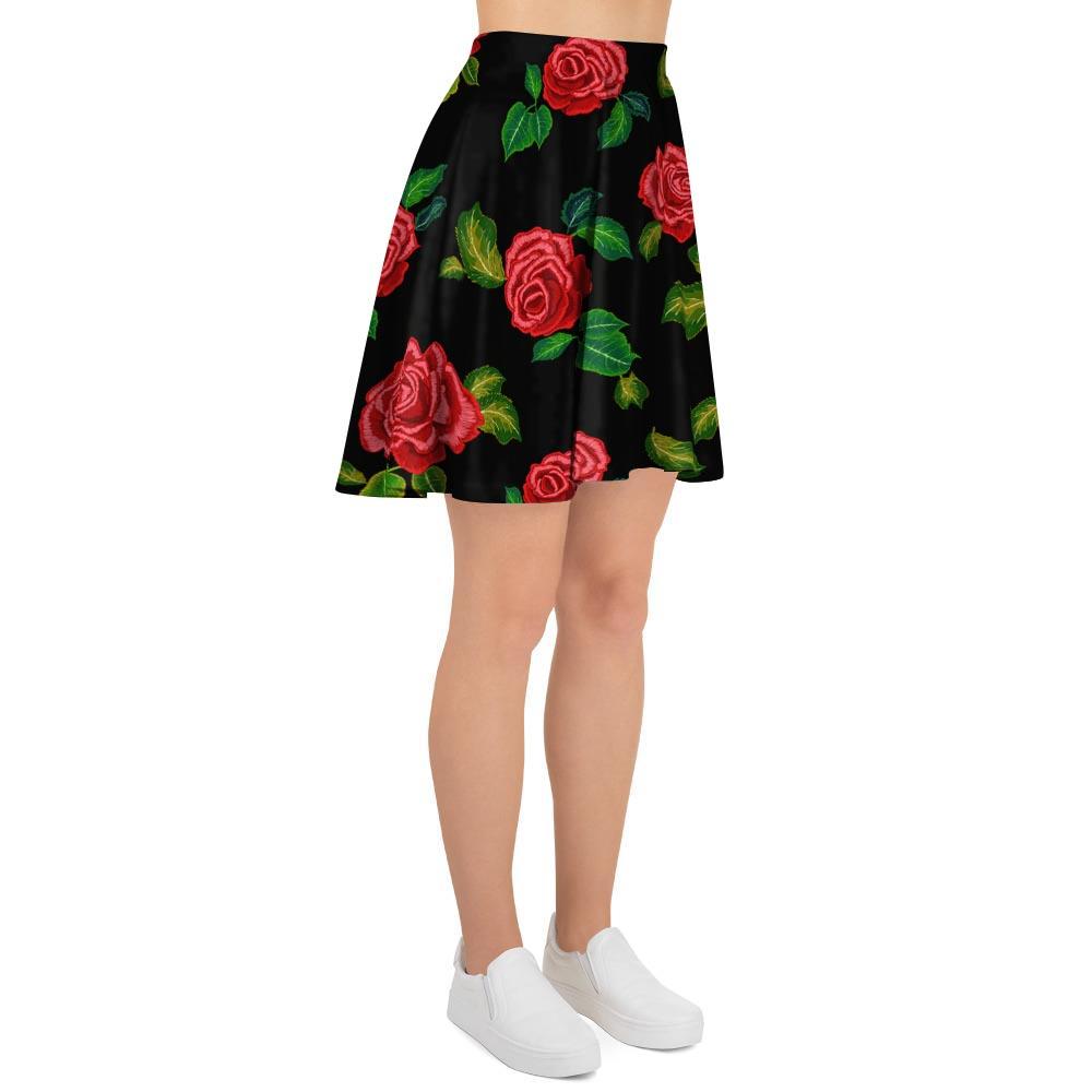 Embroidery Red Rose Floral Print Women's Skirt-grizzshop