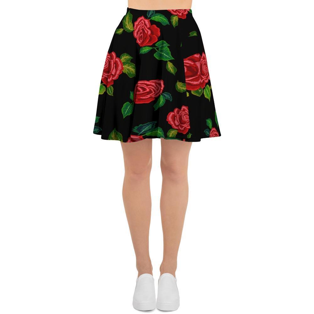 Embroidery Red Rose Floral Print Women's Skirt-grizzshop