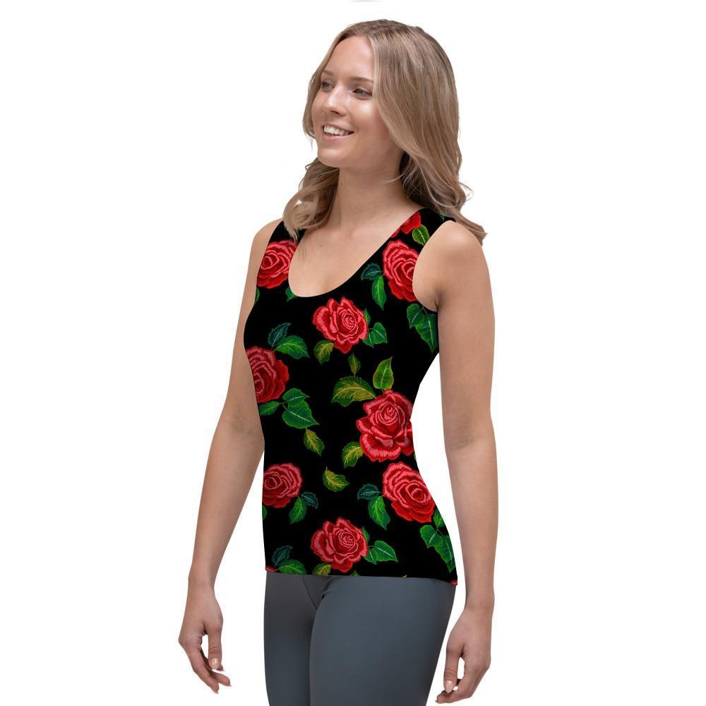 Embroidery Red Rose Floral Print Women's Tank Top-grizzshop