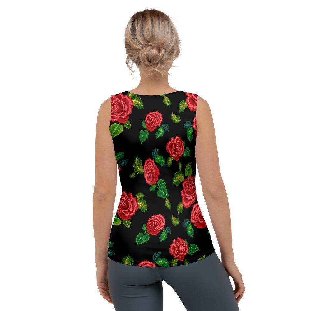 Embroidery Red Rose Floral Print Women's Tank Top-grizzshop
