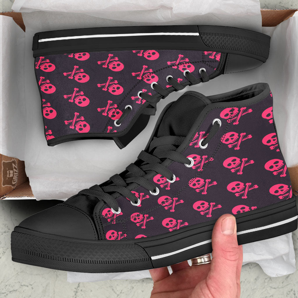 Emo Skull Pink Print Pattern Black High Top Shoes-grizzshop