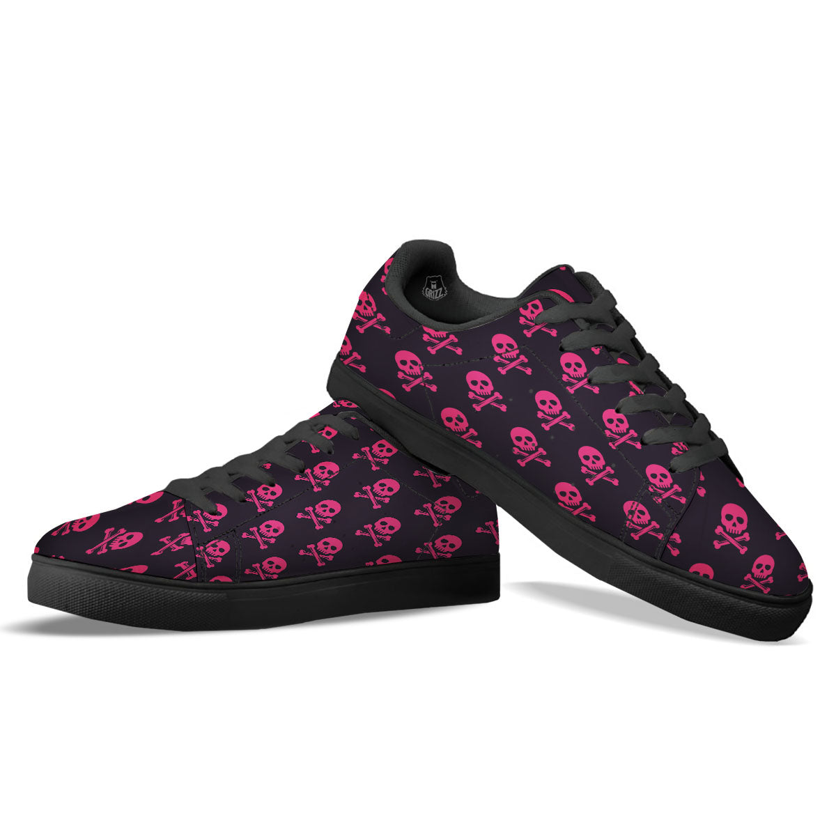 Emo Skull Pink Print Pattern Black Low Top Sneakers-grizzshop