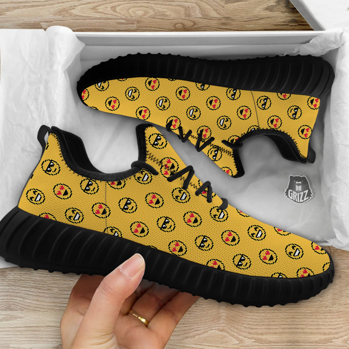 Emoji 8-Bit Print Pattern Black Walking Shoes-grizzshop
