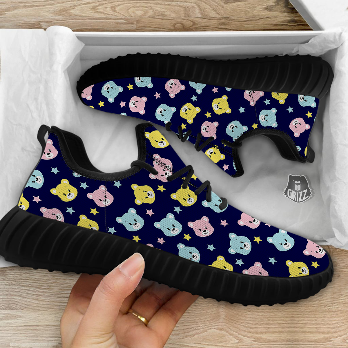 Emoji Bear Print Pattern Black Walking Shoes-grizzshop