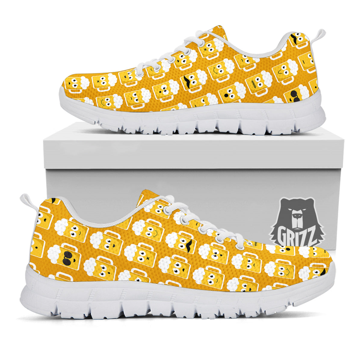 Emoji Beer Mugs Yellow Print Pattern White Sneaker-grizzshop