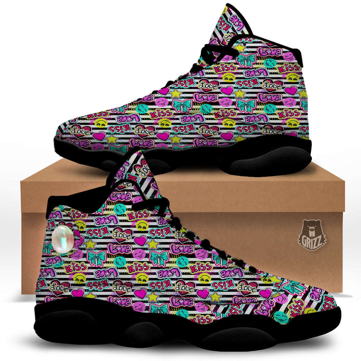 Emoji Comics Stripe Print Pattern Black Basketball Shoes-grizzshop
