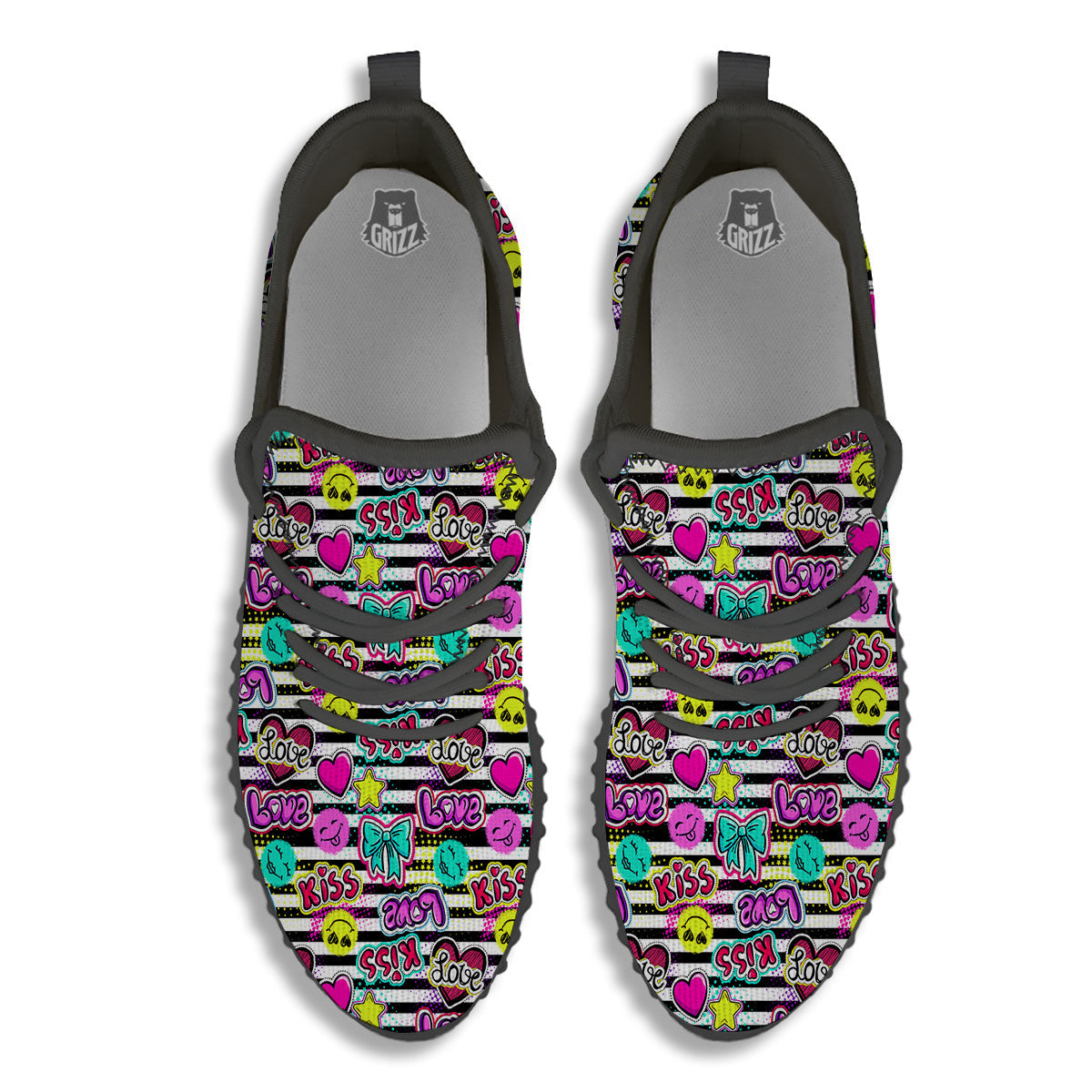 Emoji Comics Stripe Print Pattern Black Walking Shoes-grizzshop