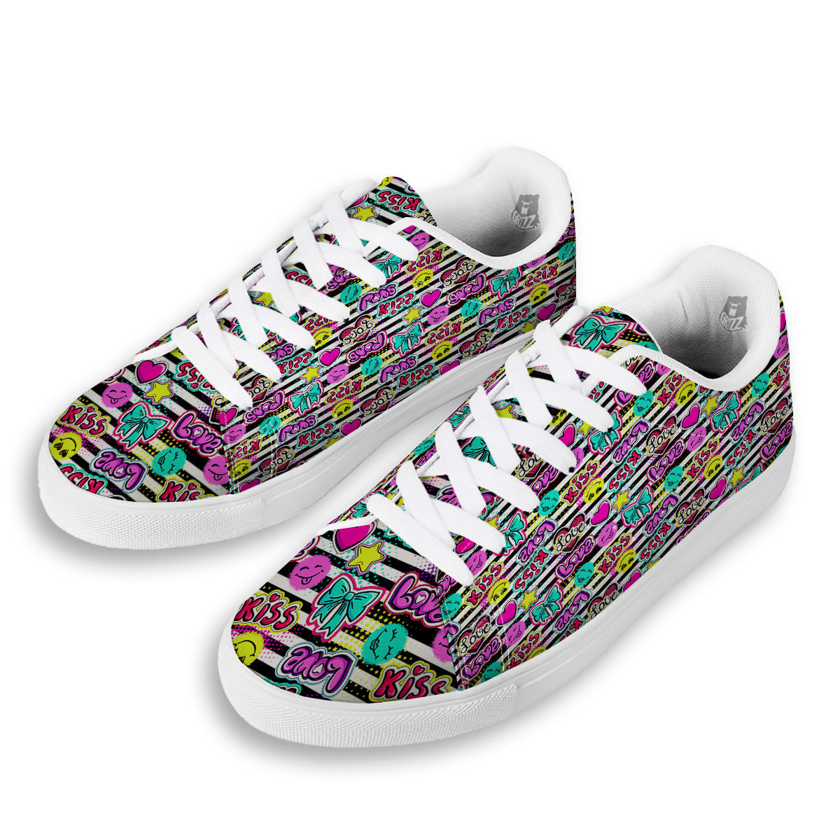Emoji Comics Stripe Print Pattern White Low Top Sneakers-grizzshop