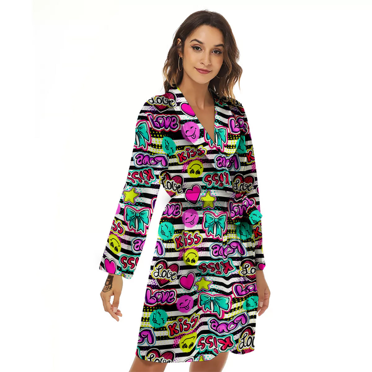 Emoji Comics Stripe Print Pattern Women's Robe-grizzshop