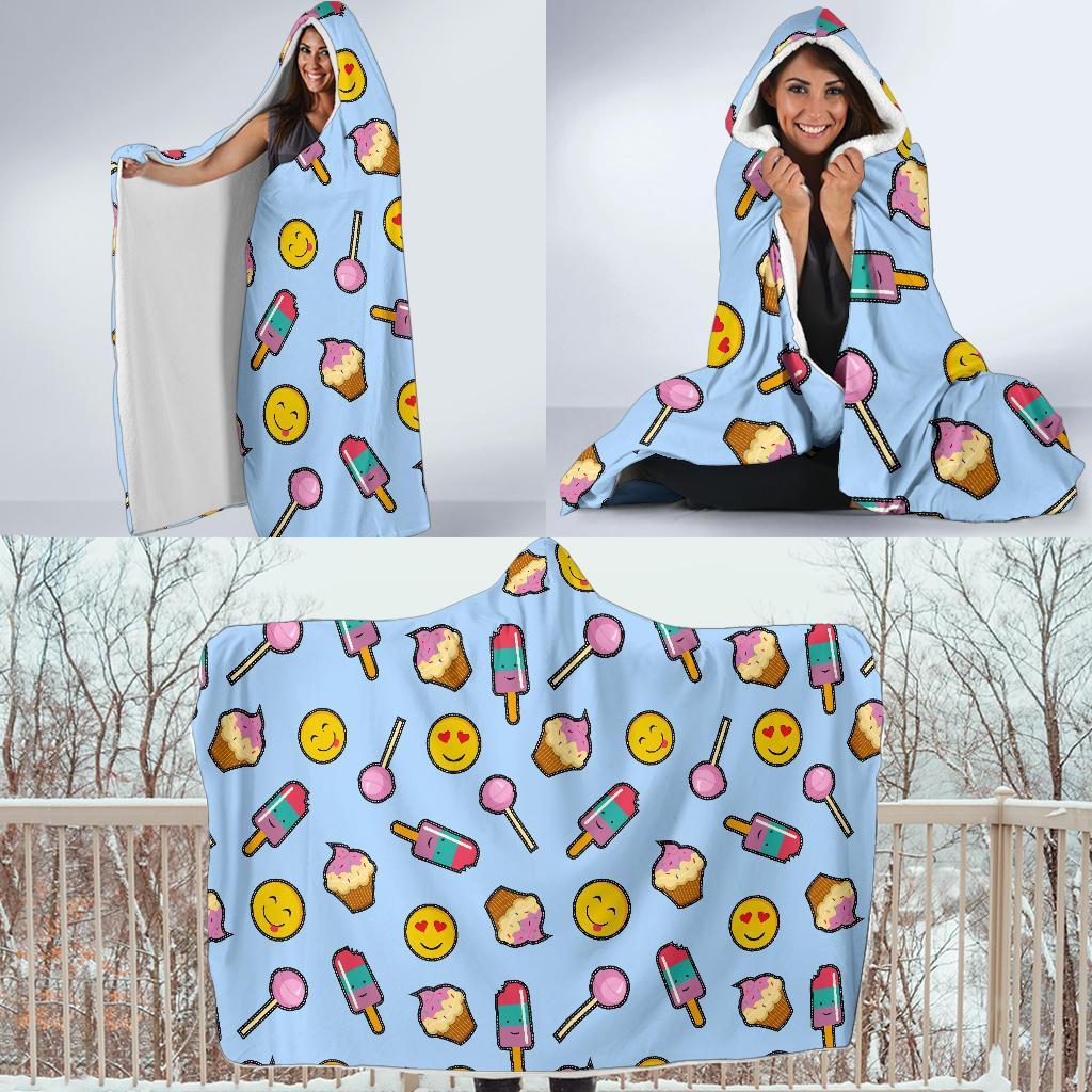 Emoji Dessert Pattern Print Hooded Blanket-grizzshop