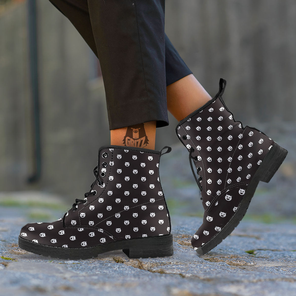 Emoji Devil Print Pattern Leather Boots-grizzshop