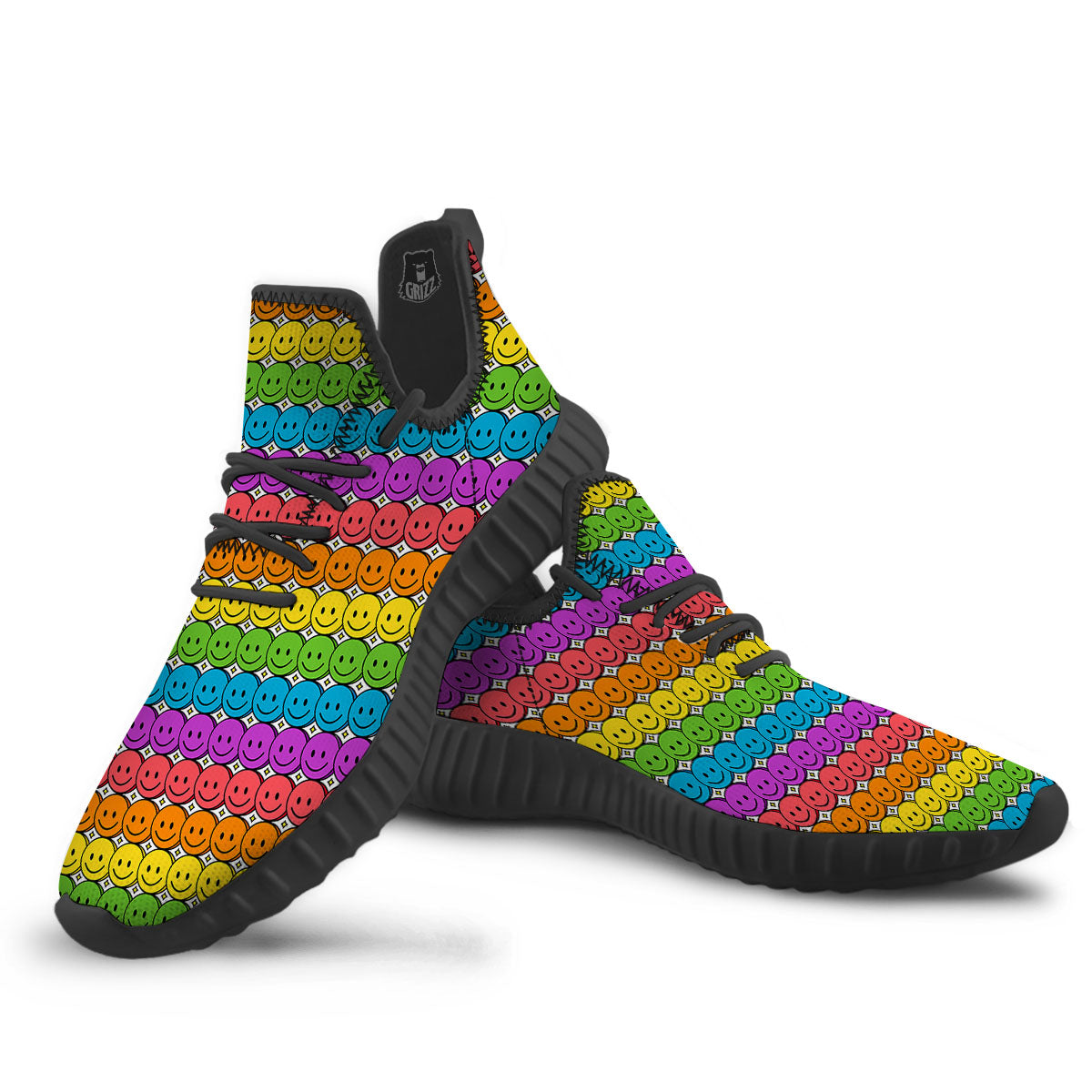 Emoji Faces Colorful Print Pattern Black Walking Shoes-grizzshop