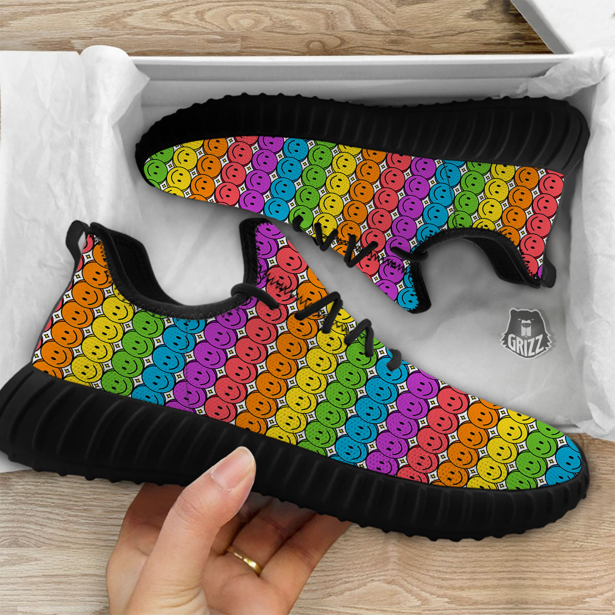 Emoji Faces Colorful Print Pattern Black Walking Shoes-grizzshop